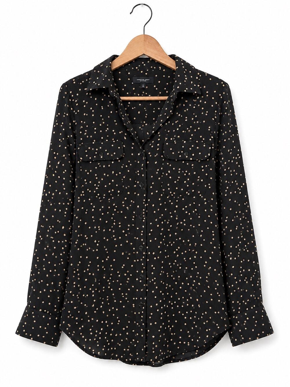 Who What Wear Black Polka Dot Button Down Shirt Blouse Long Sleeve Sz L Y2K